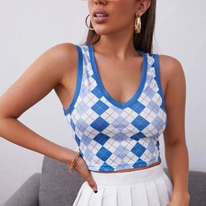 Blue argyle crop top vest